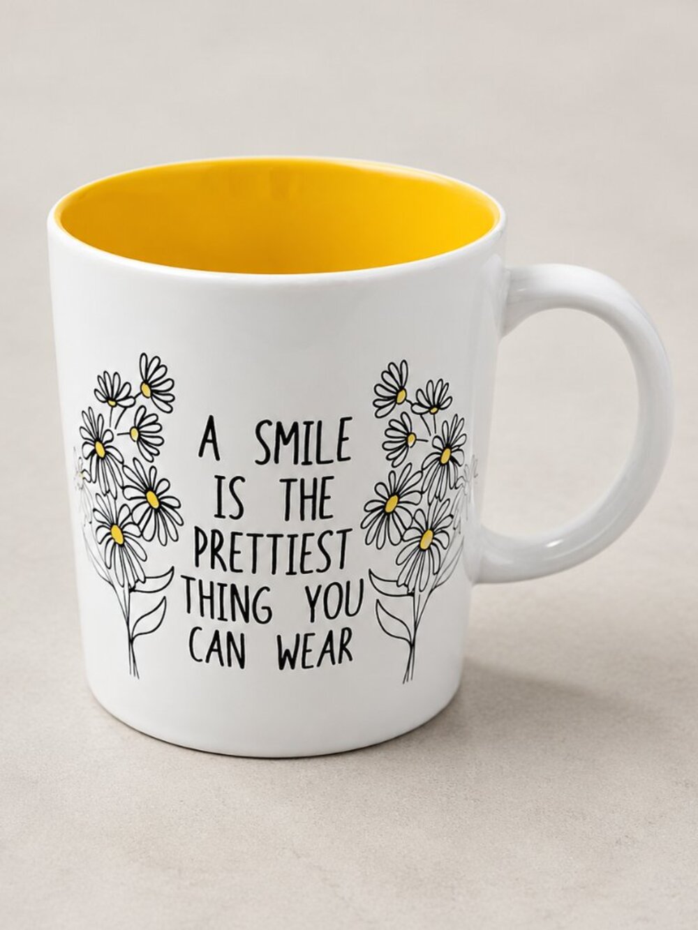 Fisher Home Products Daisy Coffee Mug "A Smile Is The Prettiest Thing" Yellow